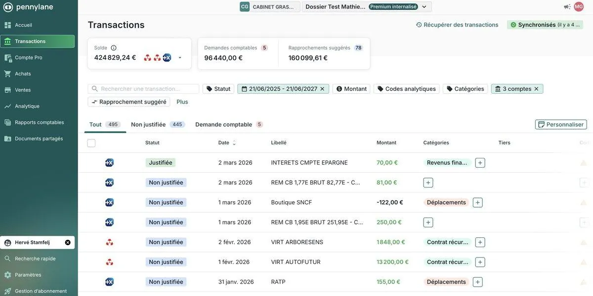 Espace Pennylane partagé du Cabinet Gras : transactions, documents partagés et demandes comptables suivis en temps réel avec le client